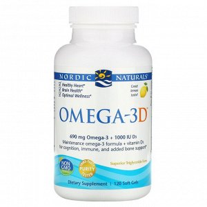 Nordic Naturals, Omega-3D, со вкусом лимона, 1000 мг, 120 мягких желатиновых капсул