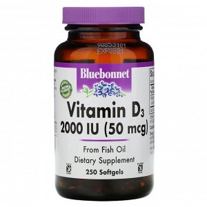 Bluebonnet Nutrition, Витамин D3, 50 мкг (2000 МЕ), 250 мягких таблеток