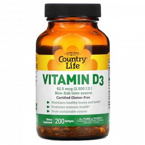 Country Life, витамин D3, 62,5 мкг (2500 МЕ), 200 капсул