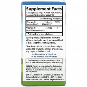 Carlson Labs, Super Daily витамины D3 и K2 в жидкой форме, 25 мкг (1000 МЕ) и 22,5 мкг, растительная формула, 360 вегетарианских капель, 10,16 мл (0,34 жидк. унции)