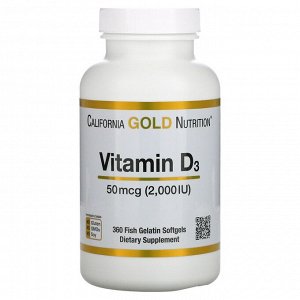 California Gold Nutrition, витамин D3, 50 мкг (2000 МЕ), 360 рыбно-желатиновых капсул