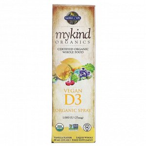 Garden of Life, MyKind Organics, веганский органический спрей с D3, ваниль, 25 мкг (1000 МЕ), 58 мл (2 жидк. унции)