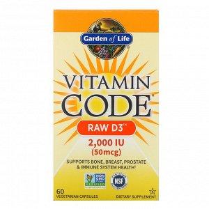Garden of Life, Vitamin Code, RAW D3, 50 мкг (2000 МЕ), 60 вегетарианских капсул