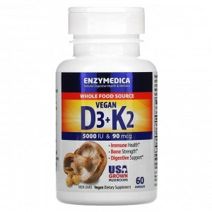 Enzymedica, веганские витамины D3 + К2, 60 капсул