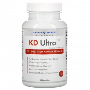 Arthur Andrew Medical, KD Ultra, полный спектр K2 с веганским витамином D3, 90 капсул