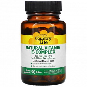 Country Life, комплекс натуральных витаминов группы E со смешанными токоферолами, 268 мг (400 МЕ), 90 капсул