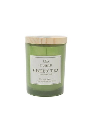 Свеча Renwick Floox, 7,5х7,5х10 см, цв.зеленый, комбинированные материалы, вес 100 гр, ароматическая, аромат "зеленый чай", в стекл.банке