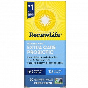 Renew Life, Extra Care, Ultimate Flora пробиотик с повышенной силой действия, 50 млрд живых культур, 30 вегетарианских капсул