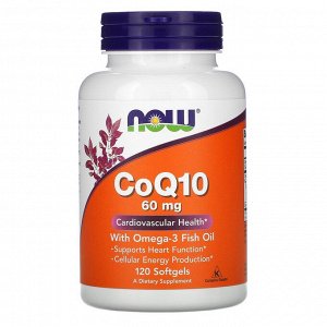 Now Foods, коэнзим Q10 с рыбьим жиром с омега-3, 60 мг, 120 капсул