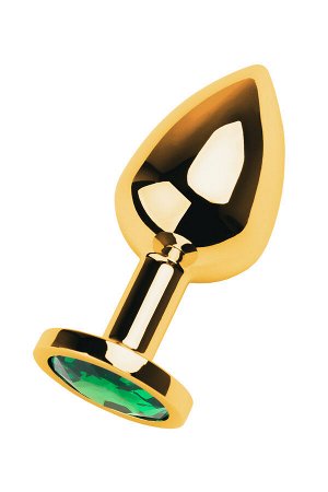 Анальная втулка Metal by TOYFA, металл, золотая, с зеленым кристаллом, 8 см,  3,4 см, 85 г