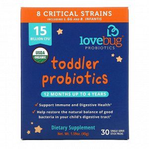 LoveBug Probiotics, Tiny Tummies, пробиотики и пребиотики для ежедневного приема, для детей от 12 месяцев до 4 лет, 30 отдельных порционных стиков, 45 г (1,59 унции)