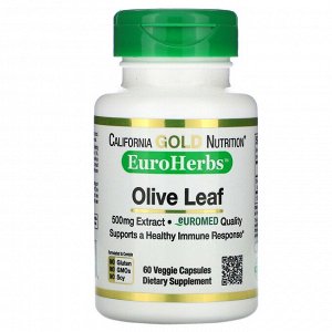 California Gold Nutrition, Экстракт листьев оливкового дерева, EuroHerbs, европейское качество, 500 мг, 60 растительных капсул