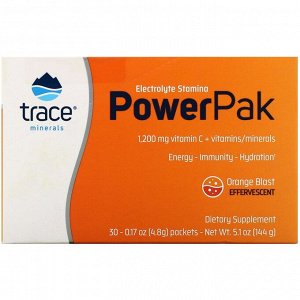 Trace Minerals Research, PowerPak,электролит для повышения выносливости, со вкусом апельсина, 30 пакетиков по 4,8 г (0,17 унции)