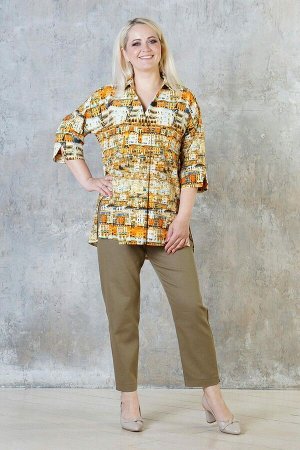 Блуза Летняя удлинённая блуза свободного силуэта. Выполнена из эластичной блузочной ткани. Расцветка оранжевый принт город . Рубашечный воротник и V-образный вырез. Рукава 3/4 длина 28 см. Без застёжк