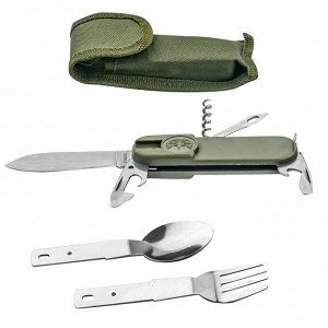 Многофункциональный армейский нож Бундесвера 7-в-1 - Компактный армейский нож, заменяющий громоздкий набор! Включает в себя: нож, вилку, ложку, открывашки для консерв и бутылок, пилку-стропорез, штопо