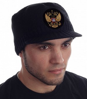 Плотная шапка Miller Way с гербом России - модный мужской головной убор для стиля streetwear или casual. Доставим в любой город №1191