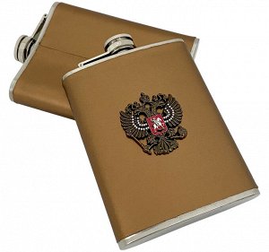 Карманная фляжка "Герб РФ" из нержавейки, обтянута кожей, жетон со стразами