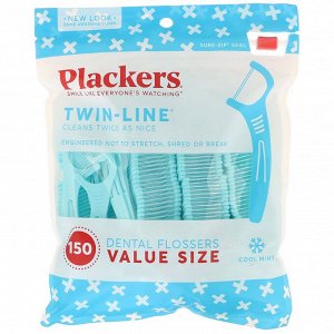 Plackers, Twin-Line, зубочистки с нитью, экономичная упаковка, морозная мята, 150 шт.