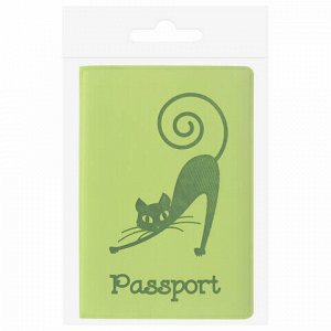 Обложка для паспорта STAFF, мягкий полиуретан, "Кошка", салатовая, 237614