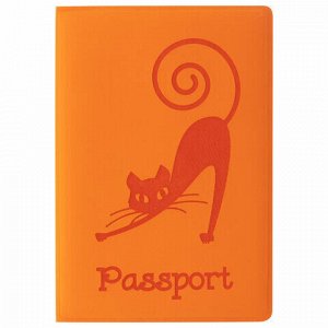 Обложка для паспорта STAFF, мягкий полиуретан, "Кошка", оранжевая, 237613