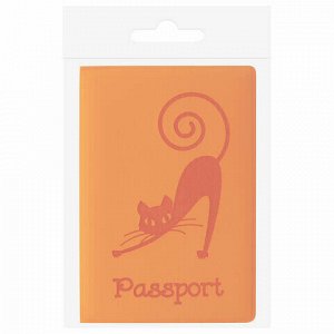 Обложка для паспорта STAFF, мягкий полиуретан, "Кошка", оранжевая, 237613