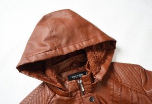 Утепленная женская куртка из эко-кожи, на замке, с капюшоном, цвет коричневый