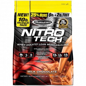 Muscletech, Nitro Tech, сывороточные пептиды и изолят сыворотки, средство для наращивания сухой мышечной массы, сывороточный протеин в порошке, со вкусом молочного шоколада, 4,54 кг (10 фунтов)