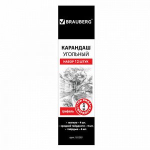 Карандаши угольные BRAUBERG ART CLASSIC, НАБОР 12 шт, заточенные, (МЯГКИЙ, СРЕДНИЙ, ТВЕРДЫЙ), 181293