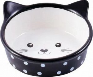 КерамикАрт миска керамическая для кошек 250 мл Мордочка кошки черная в горошек СКИДКА 30%