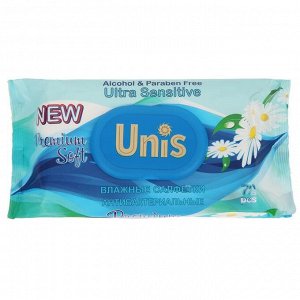 Влажные салфетки UNIS для всей семьи с экстрактом ромашки, с клапаном, 72 шт.