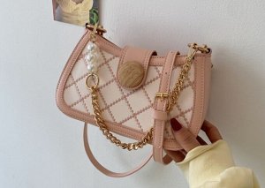 Женская сумочка, декор в виде квадратиков, цвет розовый/белый