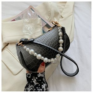 Женская сумочка с жемчужинами на ремешке, декор в виде крокодиловой кожи, цвет черный