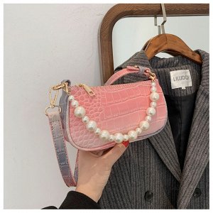 Женская сумочка с жемчужинами на ремешке, декор в виде крокодиловой кожи, цвет розовый