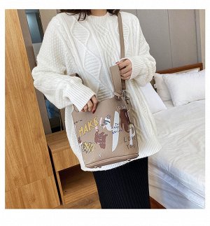 Женская сумка-ведро, принт "Рисунки", цвет бежево-коричневый