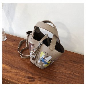 Женская сумка-ведро, принт "Рисунки", цвет бежево-коричневый