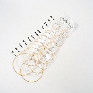 Женский набор сережек, 12 пар колец разного размера, цвет серебристый/золотистый (бижутерия)