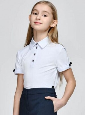 Блузка-поло белая трикотажная с коротким рукавом для девочки