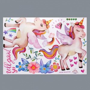 Наклейка пластик интерьерная цветная "Единороги с цветами, сердцами, радугой" 60х90 см