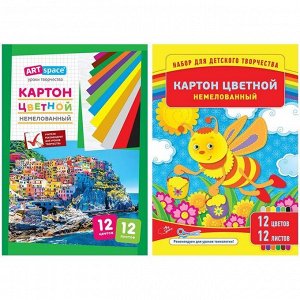 Картон цветной A4, ArtSpace, 12л., 12цв., немелованный, в папке