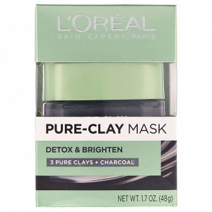 L'Oreal, Pure-Clay, маска для детоксикации и улучшения цвета лица, 3 натуральные глины + древесный уголь, 48 г (1,7 унции)