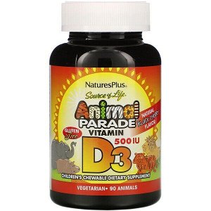 Nature's Plus, Source of Life, Animal Parade, витамин D3, со вкусом натуральной черешни, 500 МЕ, 90 таблеток в форме животных