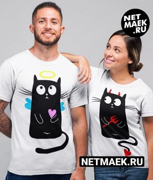 Одна футболка из комплекта для двоих коты ангел — демон (кот демон) / модель женская / xl (48-50) / цвет белый