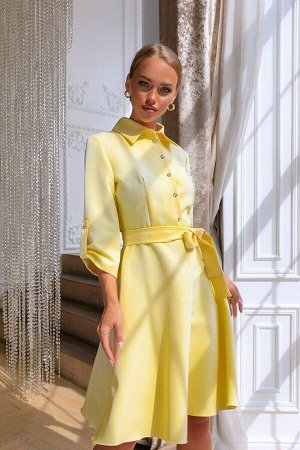 Платье Яркое настроение и сочная лимонная свежесть заключены в платье модели 4887. Классический крой, летящая юбка универсальной длинны.  Отложной воротничок и  необычная застёжка спереди предают обра
