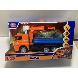 KAMCRN-28PLDN-OGBU Машина пластик свет-звук KAMAZ МАНИПУЛЯТОР 28 см, дин, двер, инер, оран, кор Технопарк в кор.2*12шт