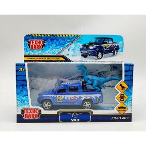 PICKUP-12SNOW-DINO Машина металл "УАЗ" "uaz pickup снежный" длина 12 см, откр двер, багаж, инерц, с динозавром, в кор.