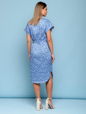 Платье-рубашка голубое с цветочным принтом с короткими рукавами