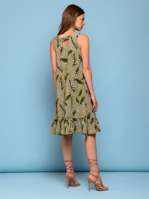 Платье зеленое без рукавов с цветочным принтом и воланом по подолу