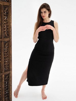 Платье с разрезом в рубчик черное