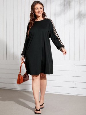 Plus Size Платье-футболка с леопардовым принтом контрастный