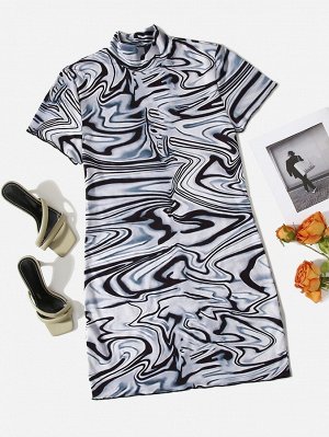 Plus Size Платье-футболка с графическим принтом с воротником-стойкой